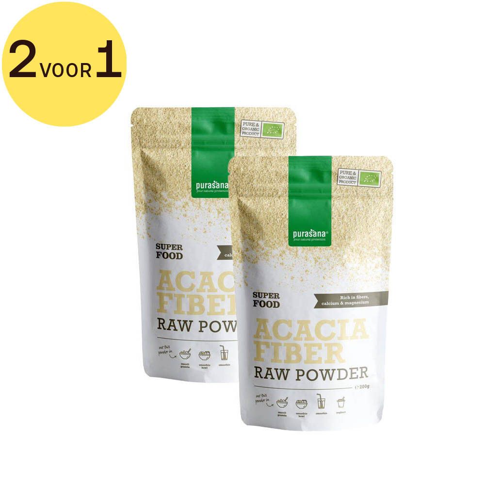 Twee zakjes Purasana Acacia Fiber Raw Powder. Opschrift: Superfood, rijk aan vezels, calcium & magnesium. Bio-keurmerk.