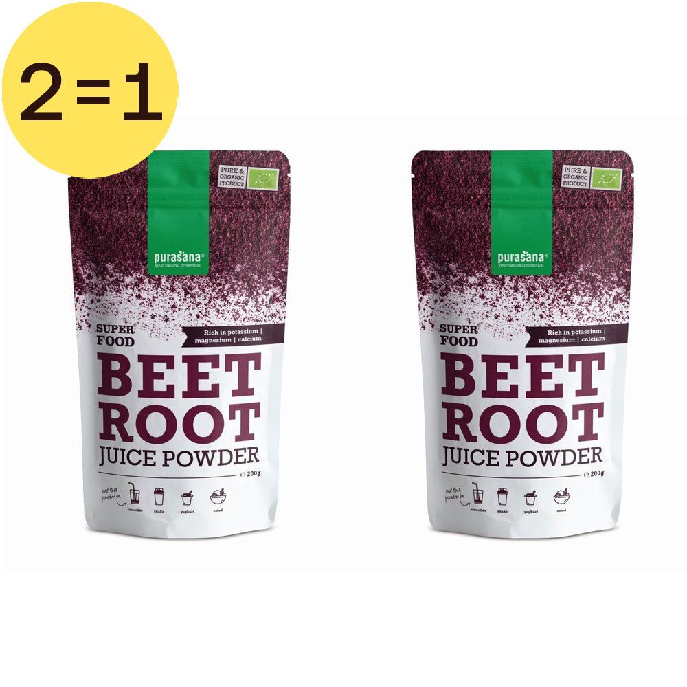 Twee zakjes bietensappoeder. Opschrift: Superfood, Beet Root Juice Powder. Bio-label. Gele cirkel met "2=1". 