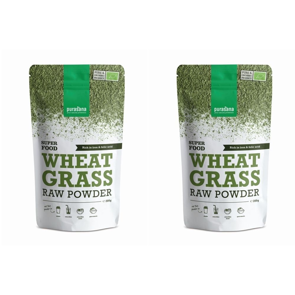 Deux sachets de purasana® WHEAT GRASS RAW POWDER. Sachet blanc avec impression verte. Logo bio en haut à gauche. Inscription: WHEAT GRASS RAW POWDER.