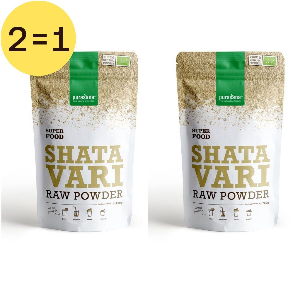 Twee zakjes Shatavari poeder. Opschrift: Superfood, Shatavari Raw Powder. Gele cirkel met "2=1".