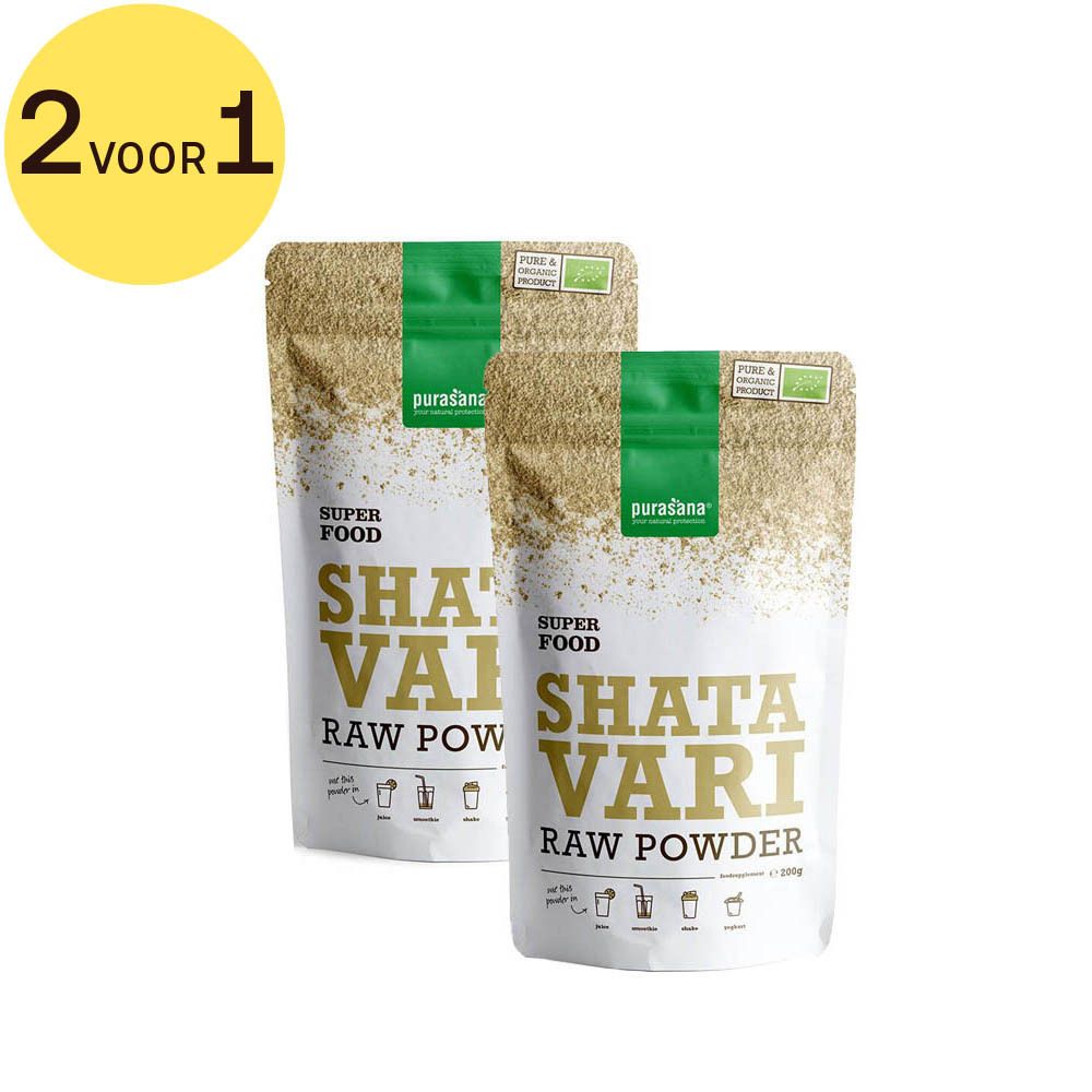 Twee zakjes Shatavari poeder. Opschrift: Superfood, Shatavari Raw Powder. Gele cirkel met "2 VOOR 1".