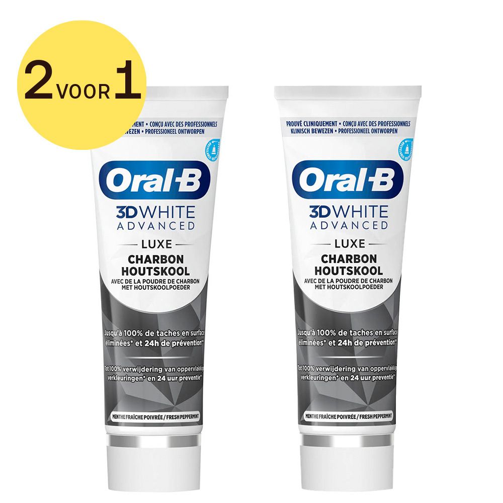Twee tubes tandpasta Oral-B 3D White Advanced Luxe Charbon Houtskool. Geel label '2 voor 1'.