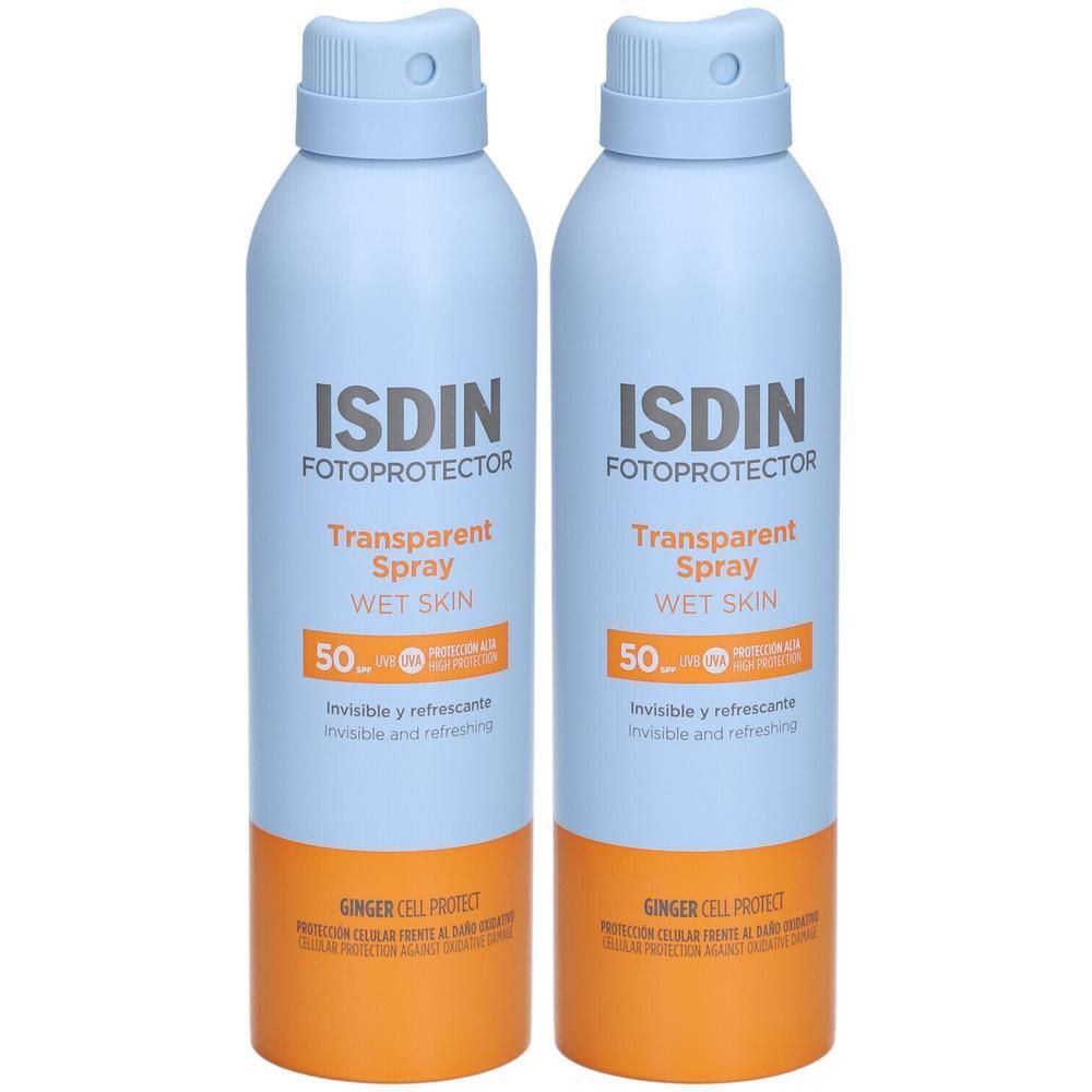 Twee blauwe sprays met oranje bodem. Opschrift: ISDIN Fotoprotector Transparent Spray Wet Skin SPF 50.