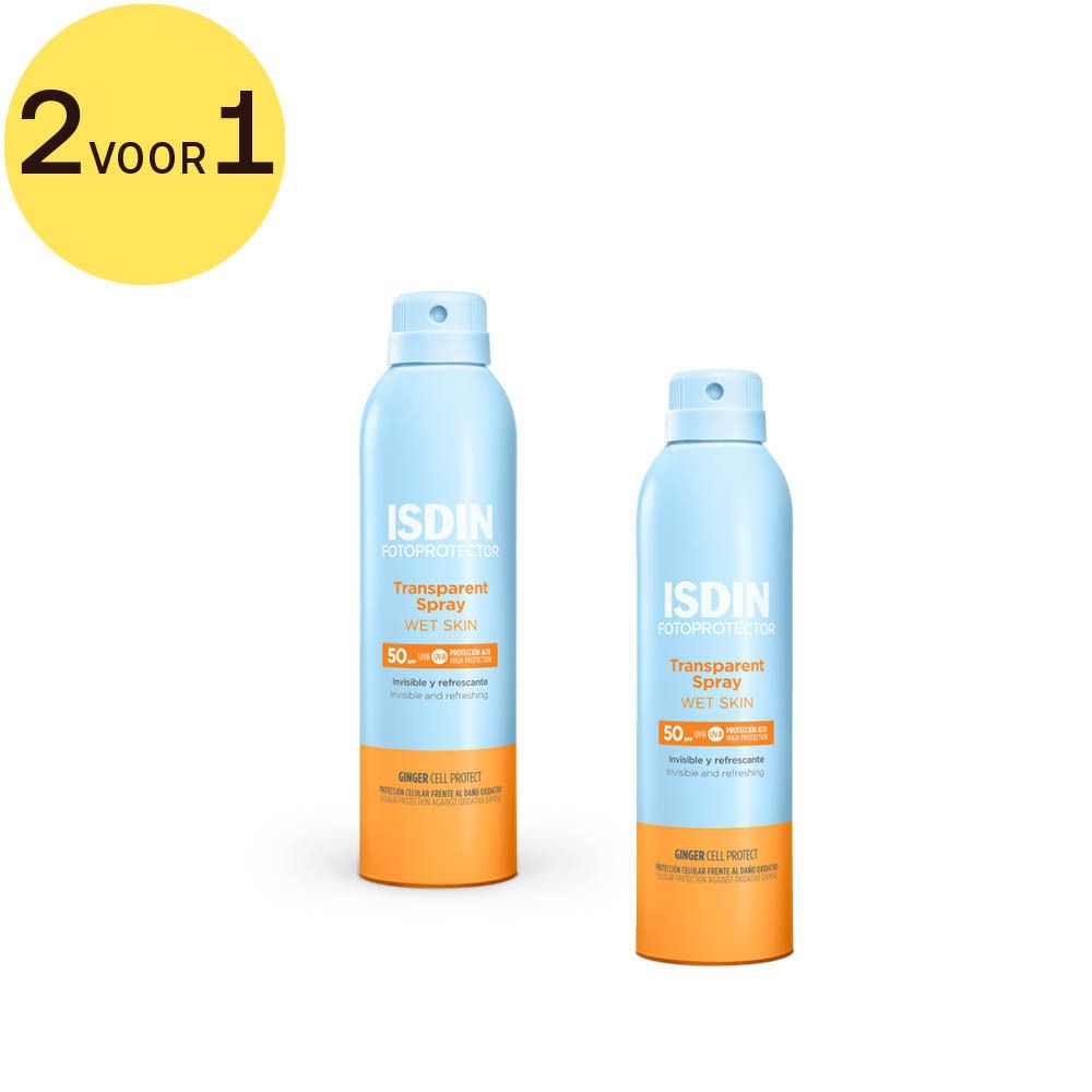 Twee blauwe sprays met oranje bodem. Opschrift: ISDIN Fotoprotector Transparent Spray Wet Skin SPF 50. Gele cirkel met '2 voor 1'.