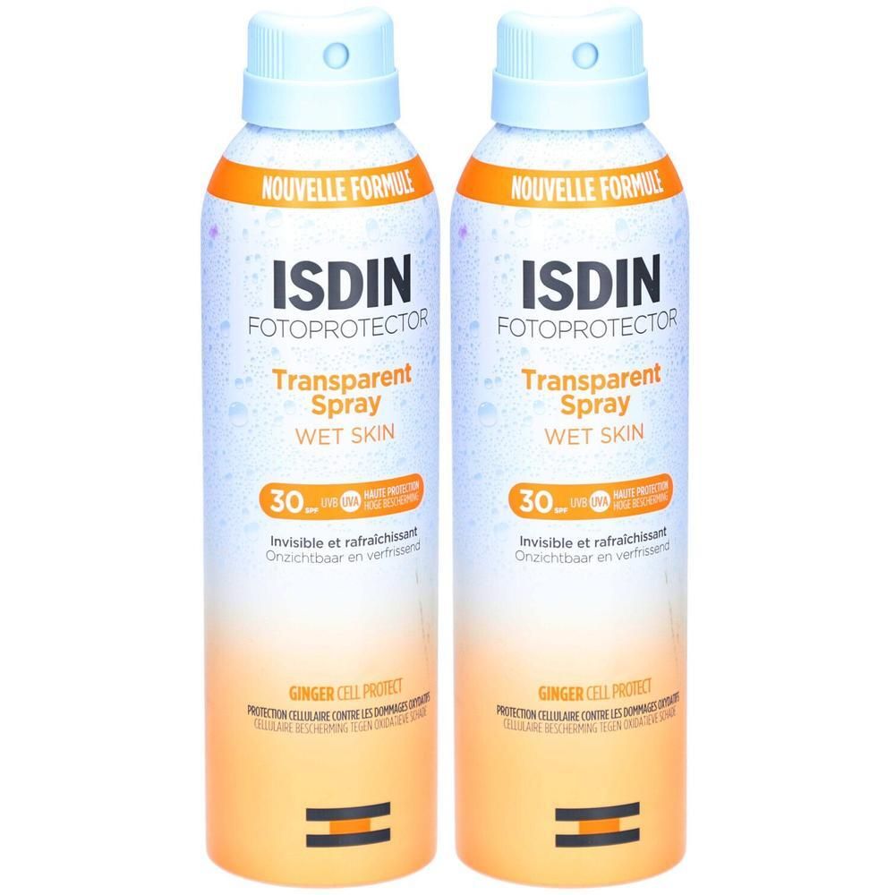 Twee sprays ISDIN Fotoprotector Transparent Spray Wet Skin SPF 30. Witte flessen met blauwe doppen, oranje etiketten.