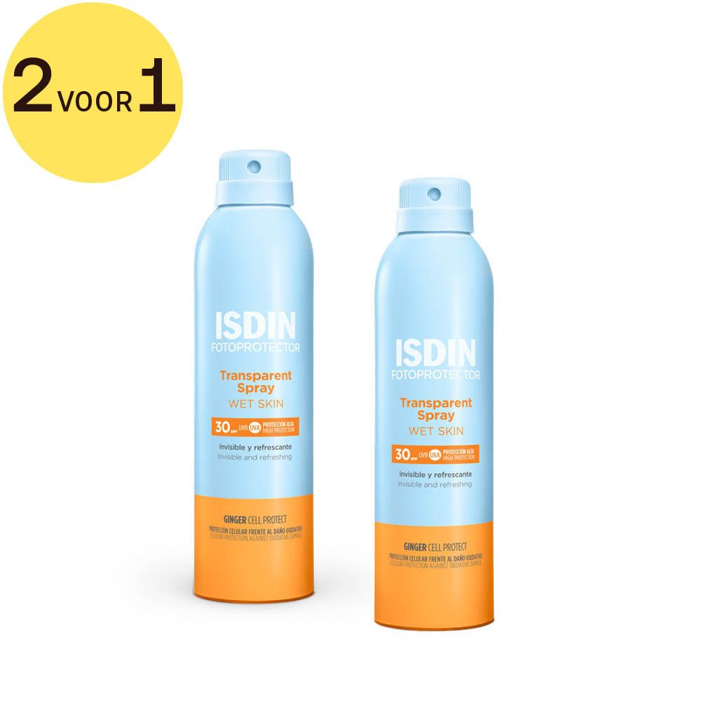 Twee blauwe sprays met witte tekst. Opschrift: ISDIN Fotoprotector Transparent Spray SPF30. Gele sticker: 2 voor 1.