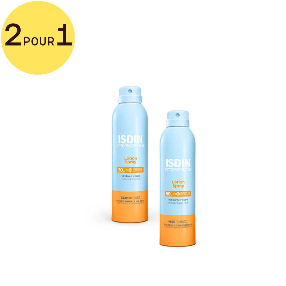 Deux flacons spray bleus avec base orange. Texte: ISDIN Lotion Spray SPF 50. Cercle jaune avec texte: 2 pour 1.