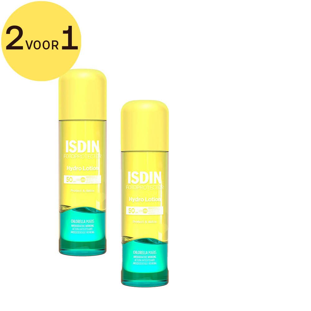 Twee flessen ISDIN Fotoprotector Hydro Lotion SPF50+. Gele dop, groene en gele etiketten. Opschrift: Hydro Lotion SPF50+.