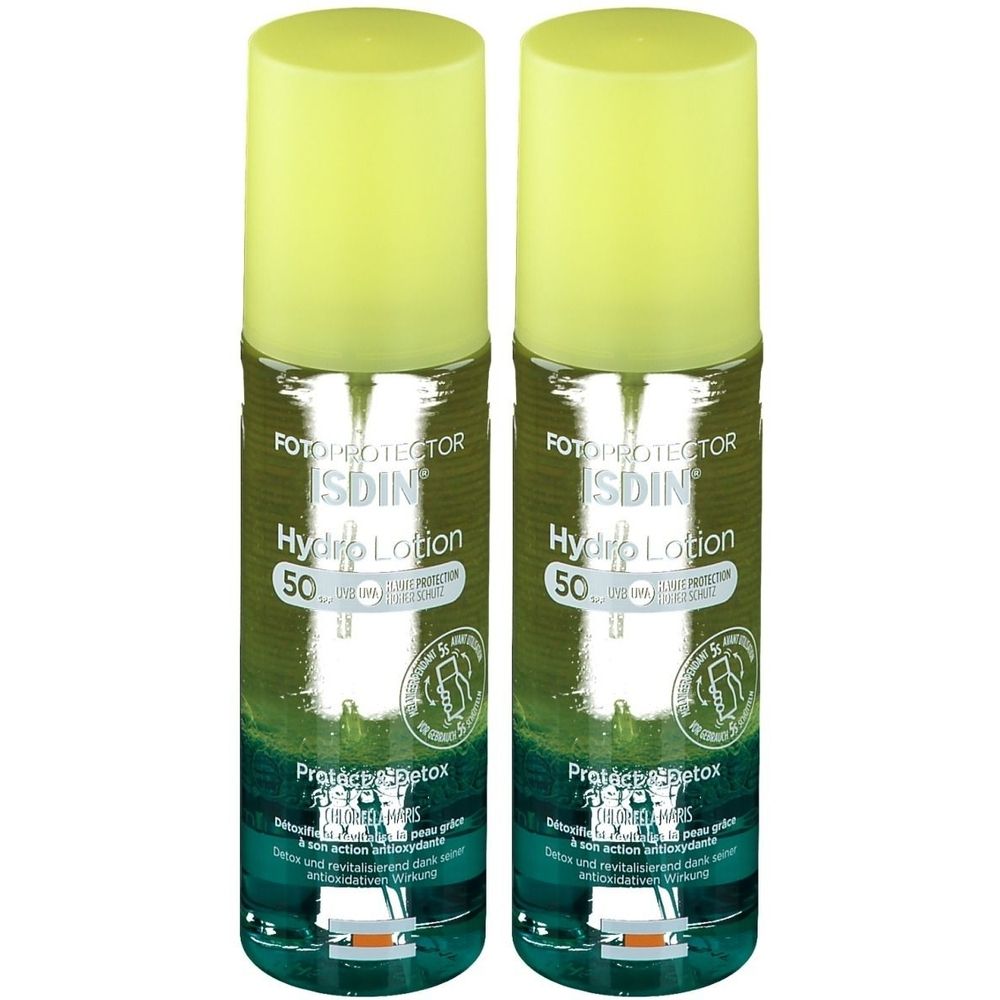 Twee flessen ISDIN Fotoprotector Hydro Lotion SPF50+. Groene en gele etiketten. Opschrift: Hydro Lotion SPF50+.