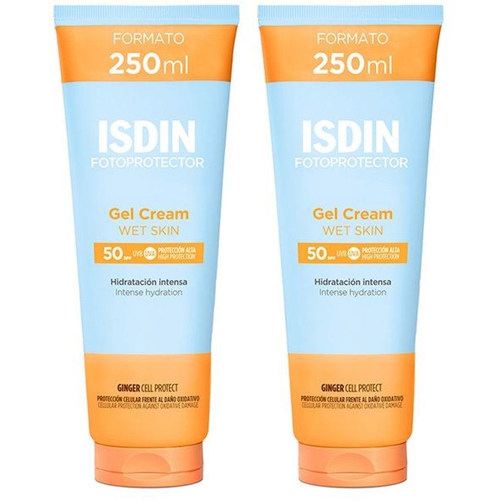 Twee tubes ISDIN Fotoprotector Gel-Crème SPF50+. Lichtblauwe en oranje verpakking. Opschrift: 2 voor 1.