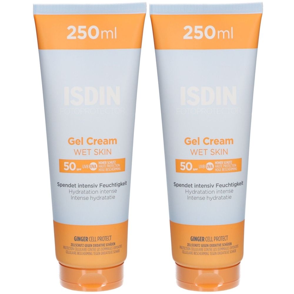 Deux tubes de Gel-Crème ISDIN SPF50+ avec éléments orange et bleu clair. Inscription: Gel Cream, Wet Skin, 50, 250ml.