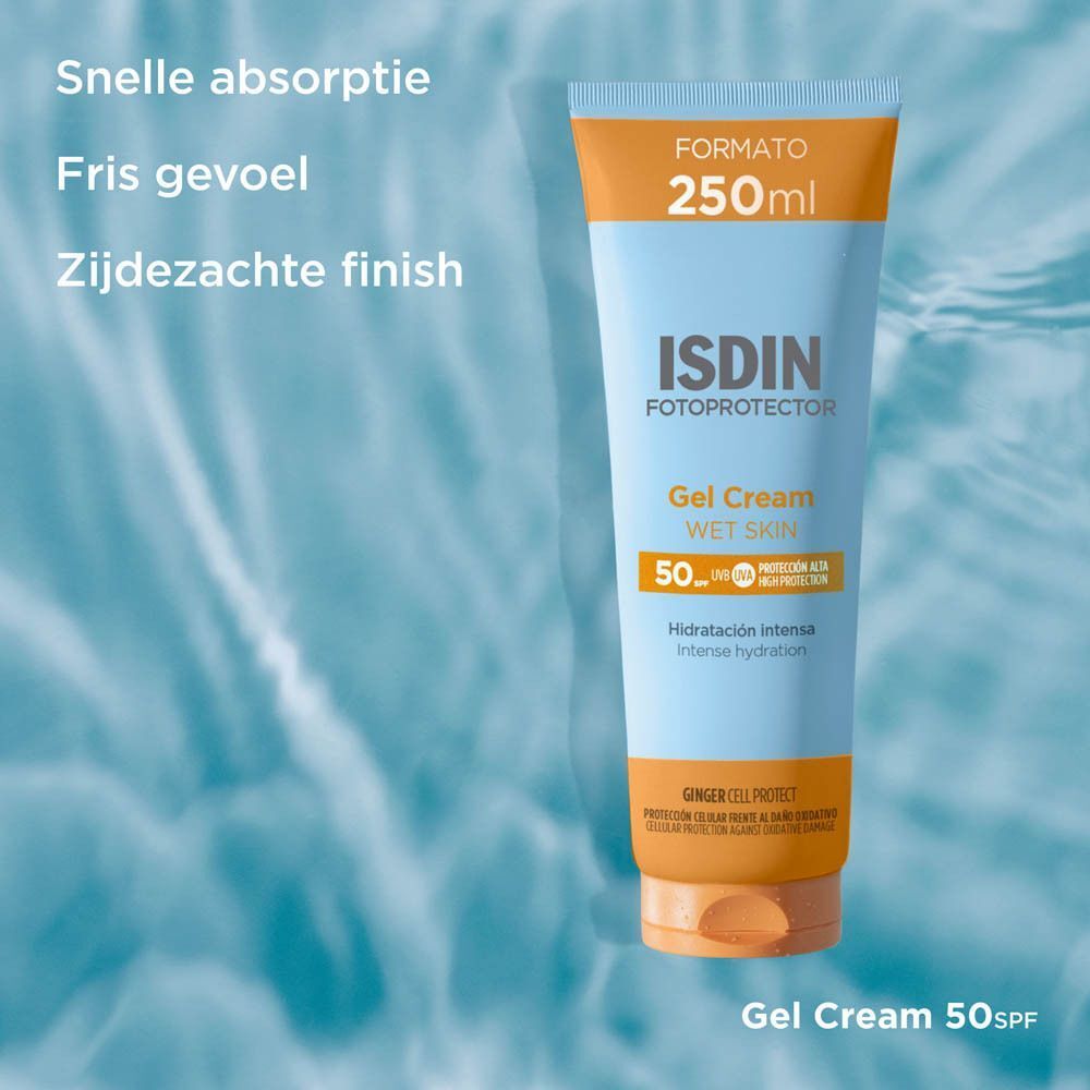 ISDIN Fotoprotector Gel Cream Wet Skin 50 tube, 250ml. Tekst: Absorption rapide, Résistante à l'eau.