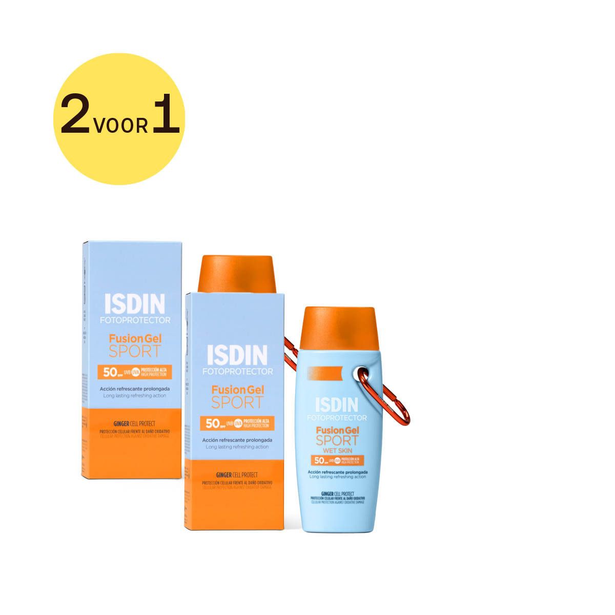 ISDIN Fusion Gel Sport SPF50. Twee blauwe en oranje flessen en een verpakking. Gele tekst: 2 voor 1.