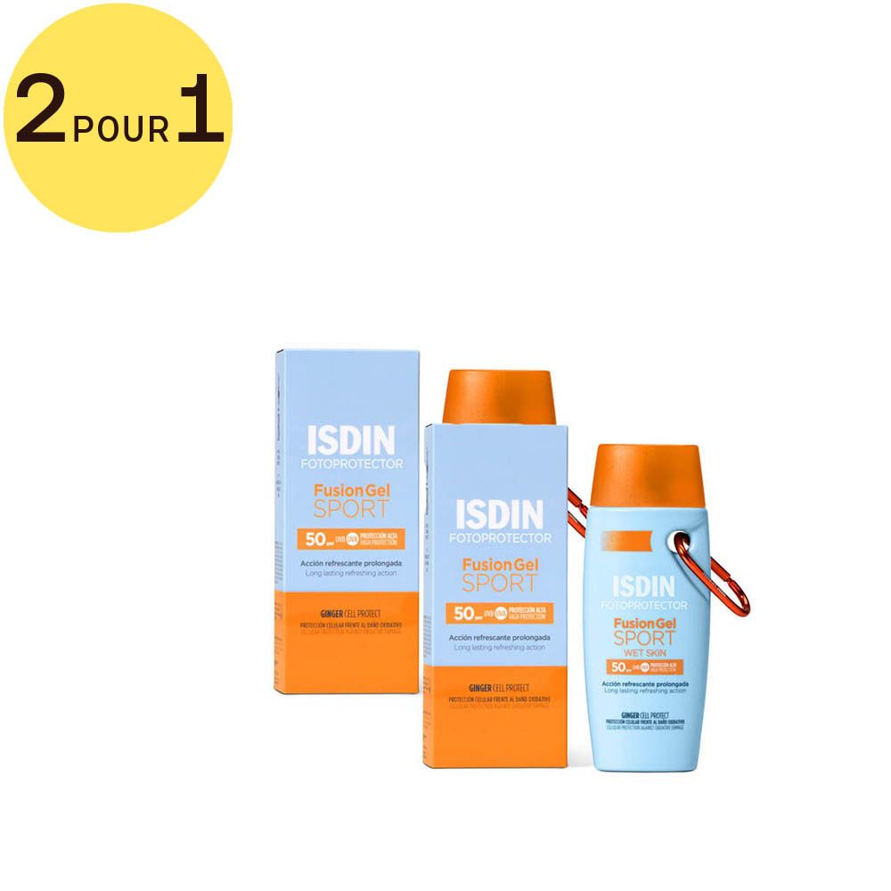 ISDIN Fusion Gel Sport SPF50. Deux flacons bleu et orange et un emballage. Texte jaune : 2 pour 1.