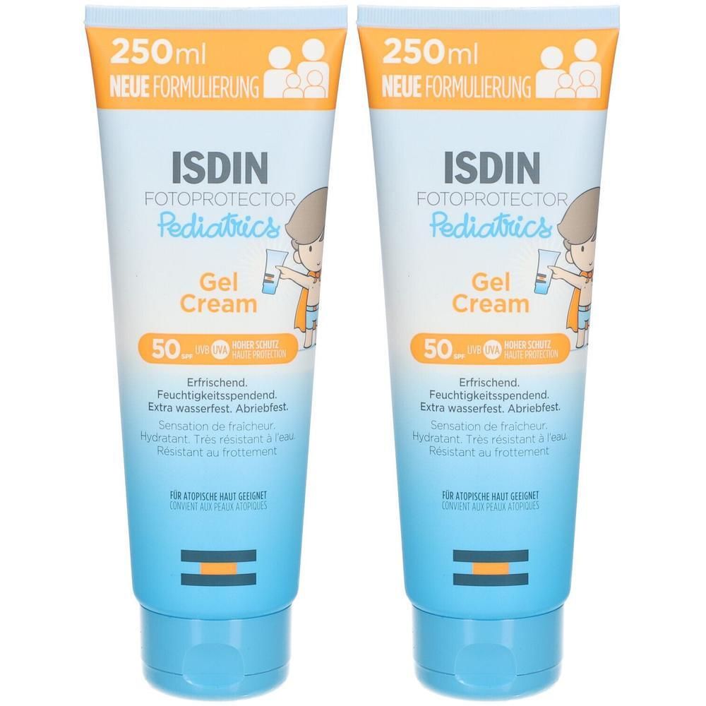 Twee tubes ISDIN Fotoprotector Pediatrics Gel Cream SPF 50. Blauwe tubes met witte tekst. 250ml. Nieuwe formulering.