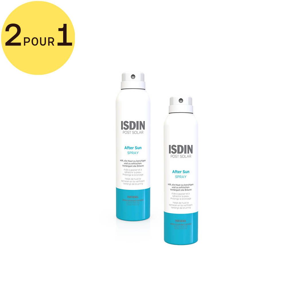 Deux sprays blancs et bleus avec tête de pulvérisation. Inscription: ISDIN Post Solar After Sun Spray. Offre 2 pour 1.