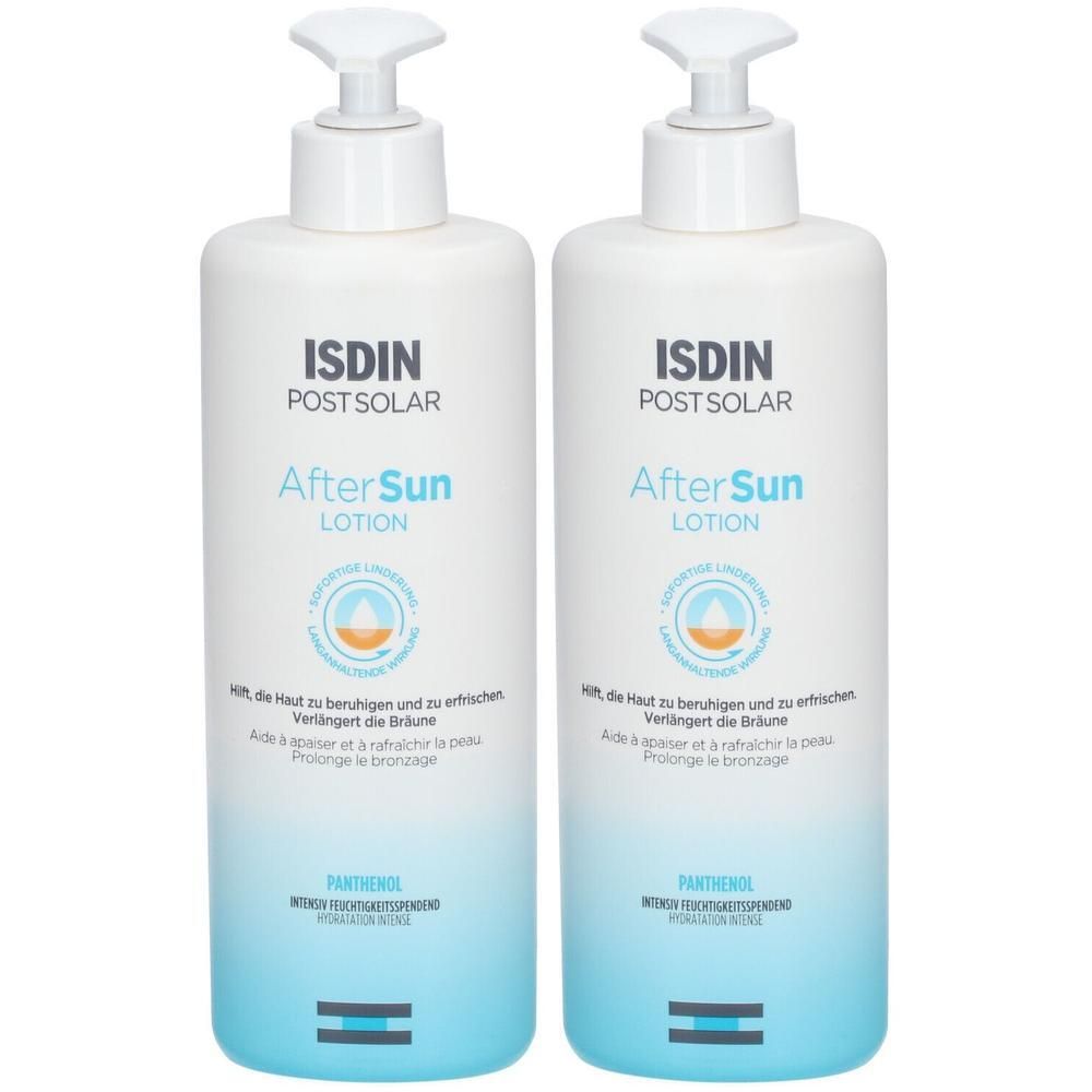 Deux flacons de lotion après-soleil ISDIN Post-Solar avec pompe. Étiquettes blanches et bleues avec nom et logo du produit.