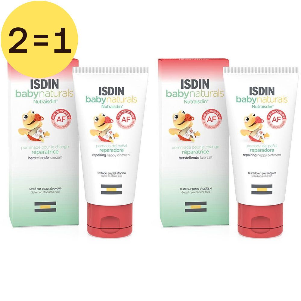Twee tubes en twee dozen ISDIN Babynaturals Nutraisdin®. Opschrift '2=1'. Logo van een eend op de tubes en dozen.