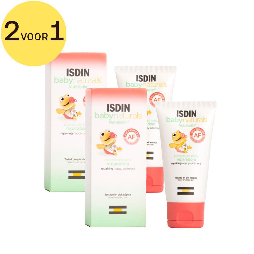 Twee tubes en twee dozen ISDIN Babynaturals Nutraisdin®. Opschrift '2 voor 1'. Logo van een eend op de tubes en dozen.