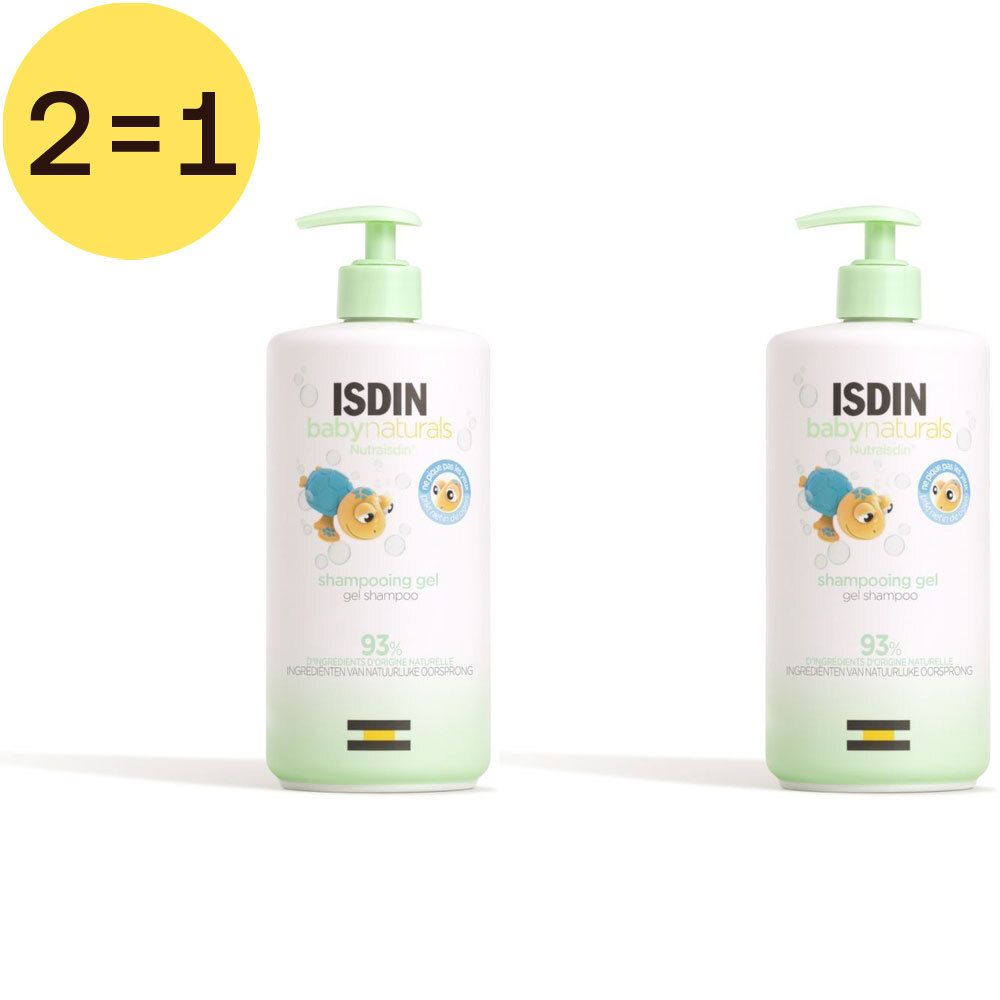 Twee flessen Isdin Babynaturals Shampooing Gel 2 in 1. Witte flessen met groene pompen. Opschrift: ISDIN baby naturals.