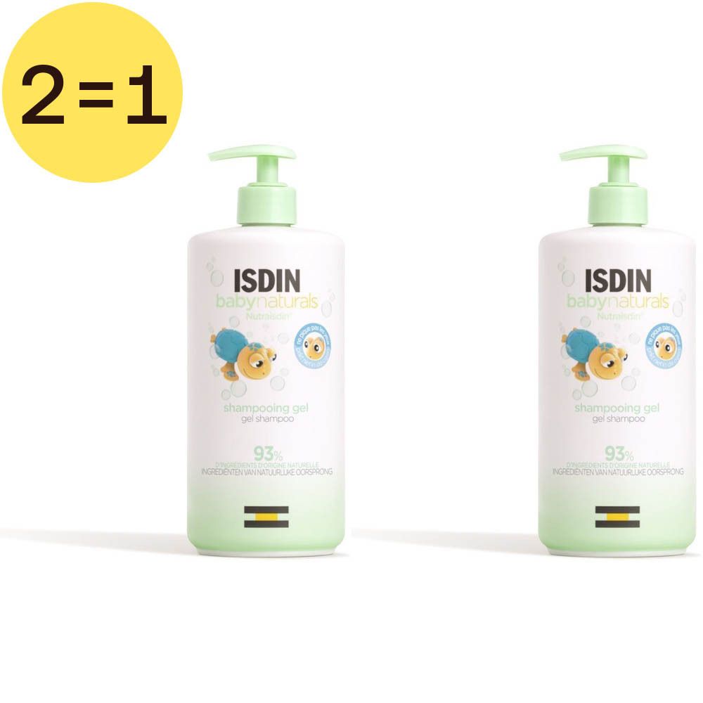 Twee flessen Isdin Babynaturals Shampooing Gel 2 in 1. Witte flessen met groene pompen. Opschrift: ISDIN baby naturals.