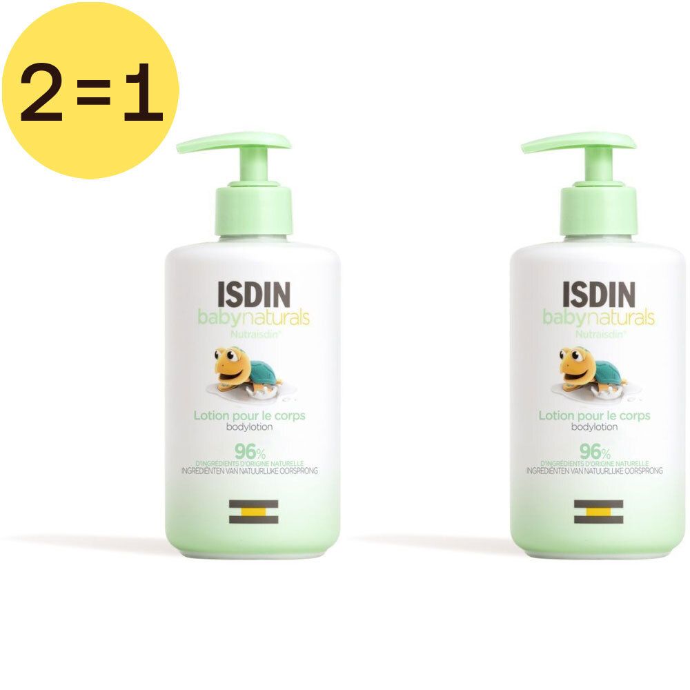 Twee lotionflessen met groene pompen. Opschrift: ISDIN Babynaturals, Lotion pour le corps, 96%. Gele cirkel: 2=1.