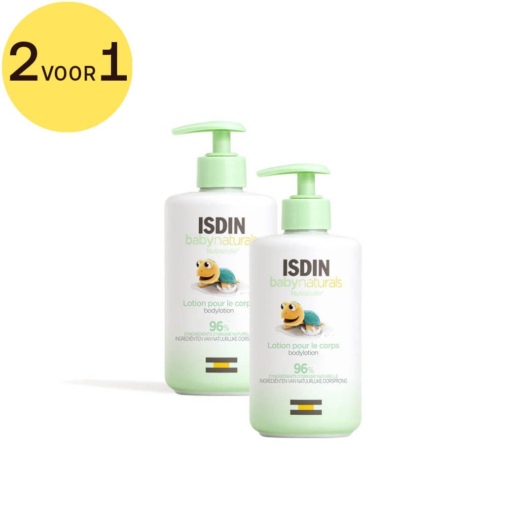 Twee lotionflessen met groene pompen. Opschrift: ISDIN Babynaturals, Lotion pour le corps, 96%. Gele cirkel: 2 VOOR 1.
