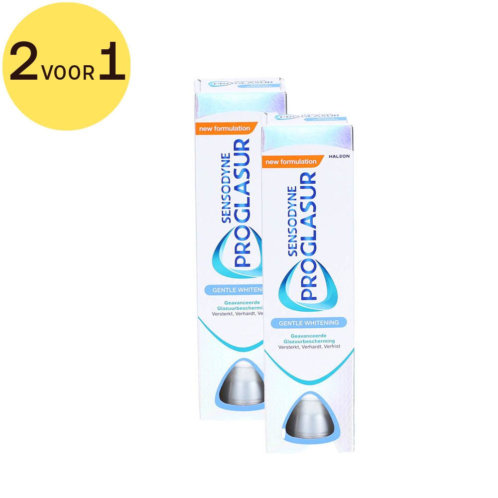 Twee verpakkingen Sensodyne Proglasur Gentle Whitening tandpasta. Blauw-witte verpakking met productnaam en logo.