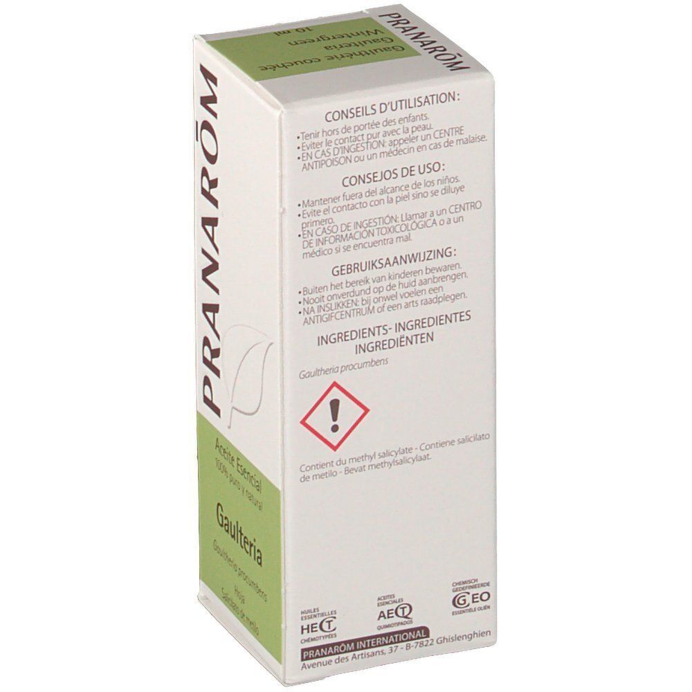 Achterkant van een verpakking PRANAROM Wintergroen etherische olie met gebruiksadvies.