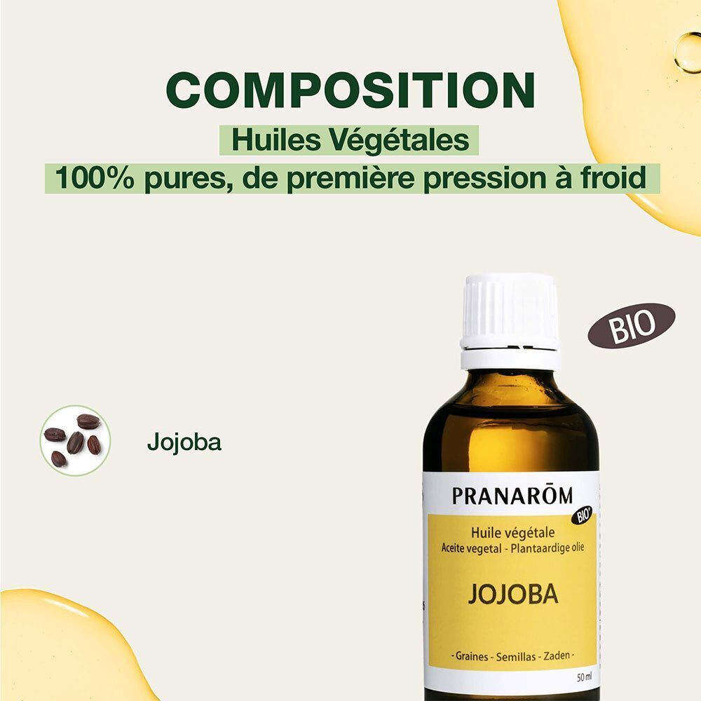 Un flacon d'huile de jojoba. Flacon en verre brun, bouchon blanc, étiquette jaune. Texte: Composition, Huiles Végétales. Label BIO.