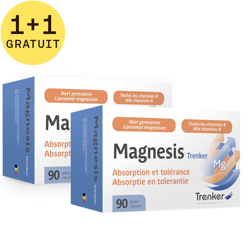 Deux boîtes de Magnesis. Inscription: 'Magnesis Trenker', '90 gélules capsules'. En haut à gauche: '1+1 GRATUIT'.