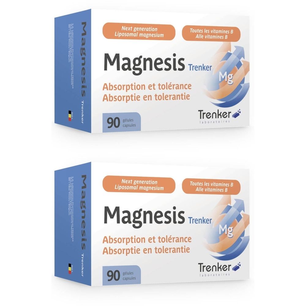 Twee dozen Magnesis, wit met blauwe en oranje tekst. Opschrift: 90 capsules, Trenker Laboratories.