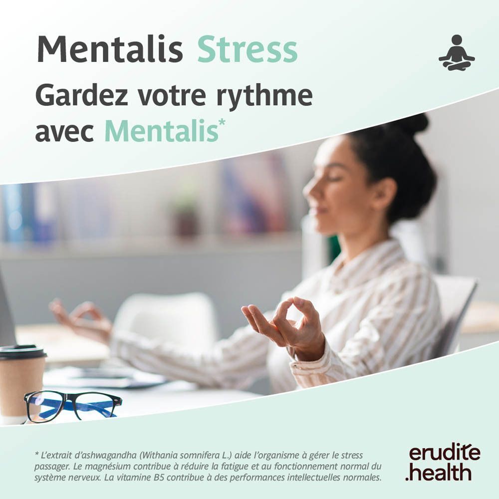 Femme méditant à son bureau. "Mentalis Stress" pour "Gardez votre rythme".