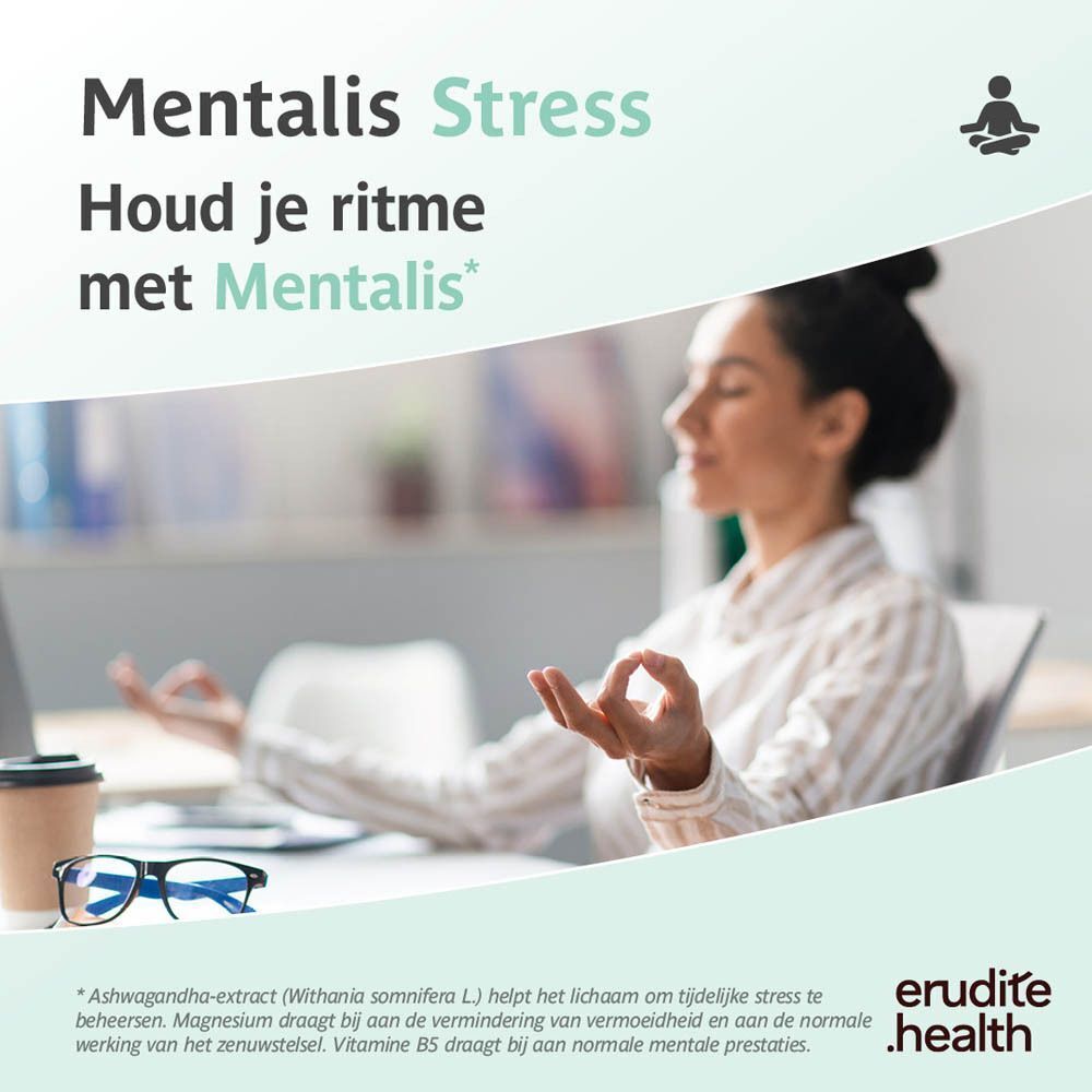 Vrouw mediterend aan haar bureau. "Mentalis Stress" voor "Houd je ritme".