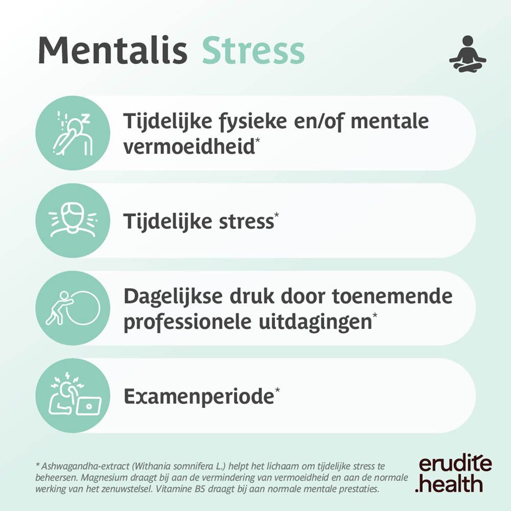Vier redenen voor Mentalis Stress: Vermoeidheid, stress, druk, examenperiode. Met Ashwagandha, Magnesium, B-vitamines.
