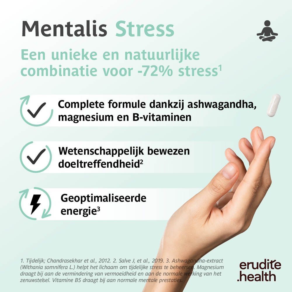 Voordelen van Mentalis Stress: Ashwagandha, Magnesium, B-vitamines, wetenschappelijk bewezen, energie.
