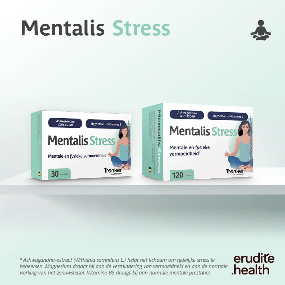 Twee dozen Mentalis Stress (30 en 120 capsules) op een plank. Bevat Ashwagandha, Magnesium, B-vitamines.