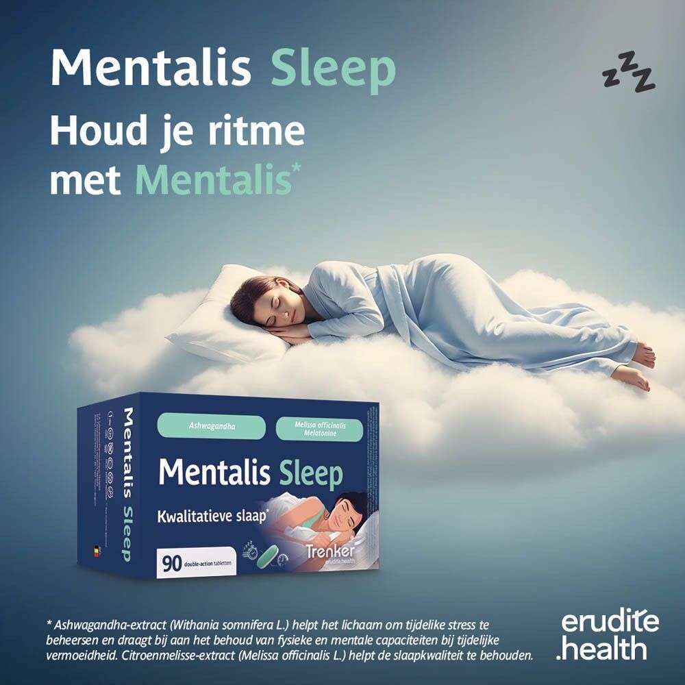 Verpakking "Mentalis Sleep" met informatie over effectiviteit, inname en ingrediënten.