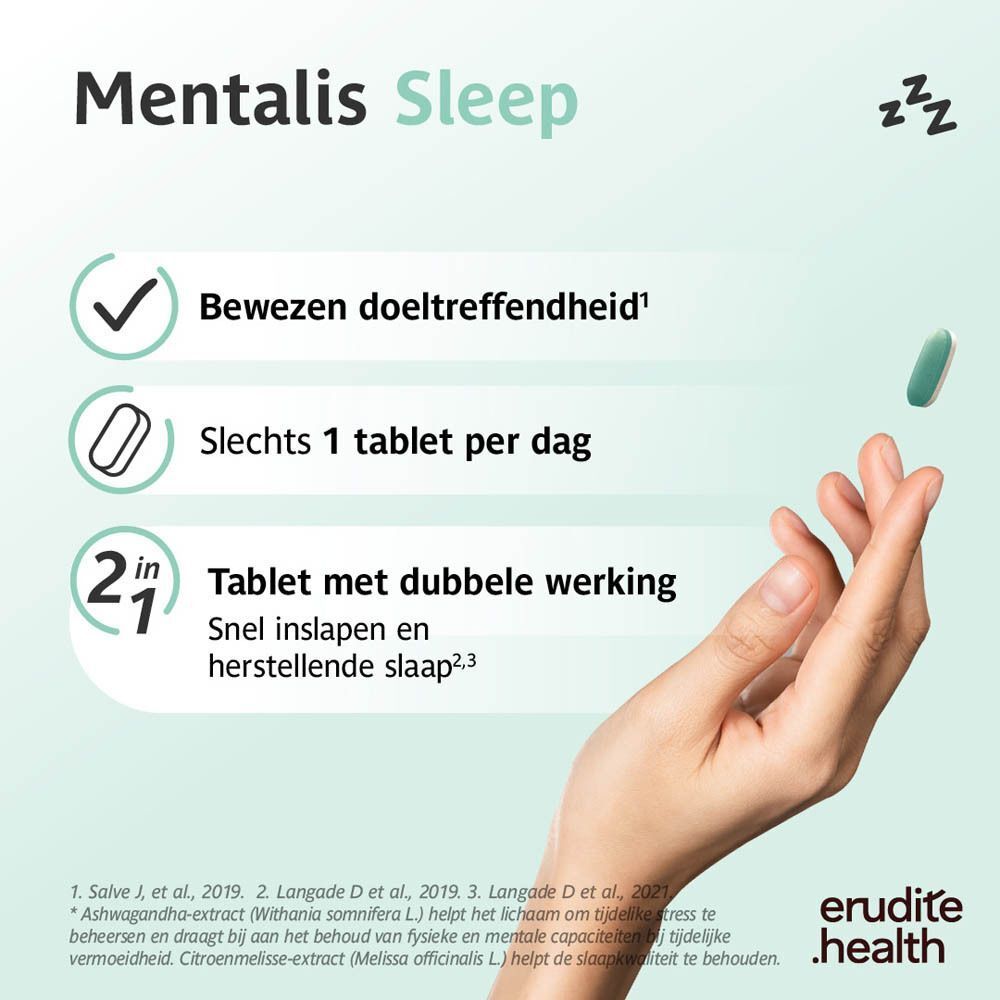 Verpakking "Mentalis Sleep" met een slapende vrouw op wolken en slaapsymbolen.