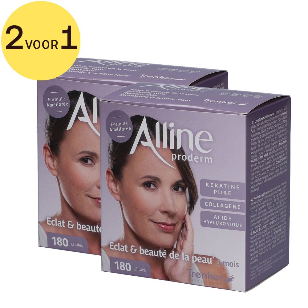Twee dozen Alline Proderm. Opschrift: Keratine Pure, Collageen, Hyaluronzuur. 180 capsules. Gele sticker: 2 voor 1.