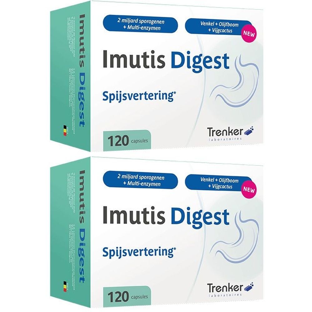 Twee dozen Imutis Digest. Opschrift: 120 capsules. Bevat 2 miljard sporenvormers en multi-enzymen. Merk Trenker Laboratories.