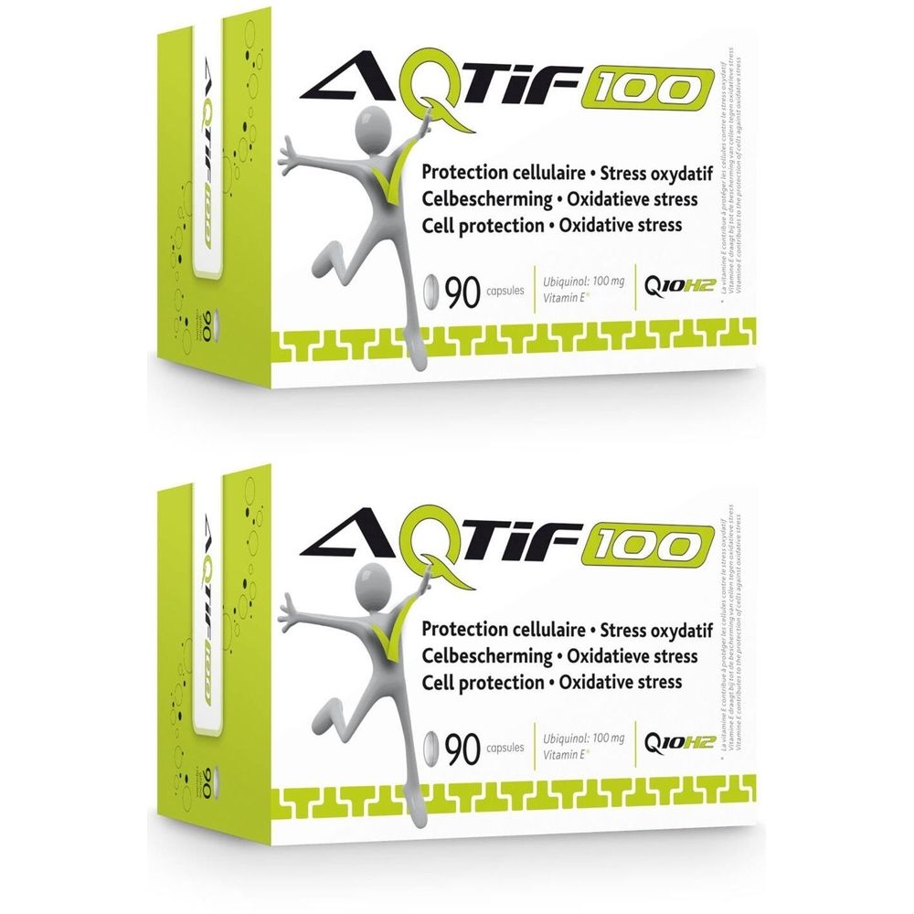 Deux boîtes AQTIF 100. Inscription: 90 capsules, Q10+E. Emballage vert et blanc avec illustration d'une personne.