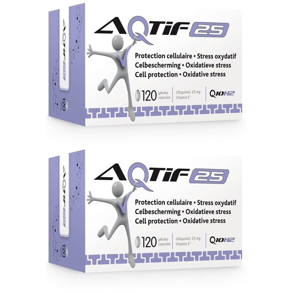 Deux boîtes Aqtif 25, emballage blanc et violet. Inscription: 120 capsules, protection cellulaire, stress oxydatif. Illustration d'un bonhomme.