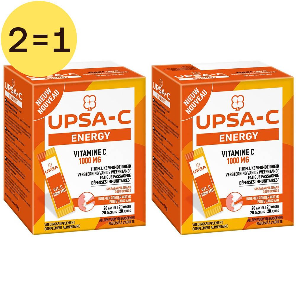 Deux boîtes de UPSA-C Energy Vitamine C 1000 mg. Emballage orange avec nom et informations sur le produit.