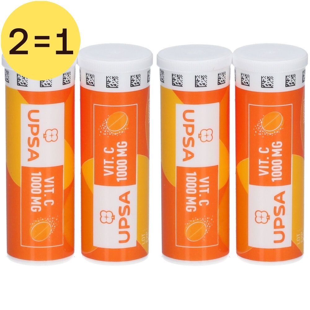 Vier tubes UPSA Vit. C 1000 mg. Oranje verpakking met witte deksel. Opschrift: 2=1.