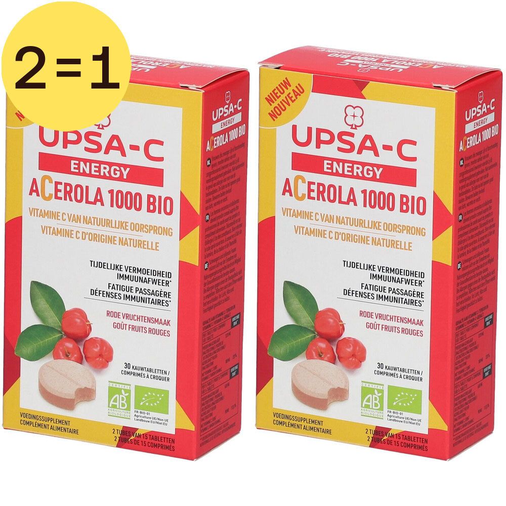 Deux boîtes UPSA-C Energy Acerola 1000 Bio. Emballage rouge et jaune avec nom et informations. Autocollant 2=1.