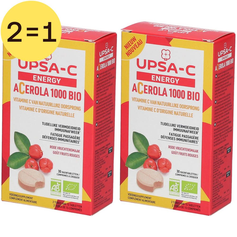 Deux boîtes UPSA-C Energy Acerola 1000 Bio. Emballage rouge et jaune avec nom et informations. Autocollant 2=1.