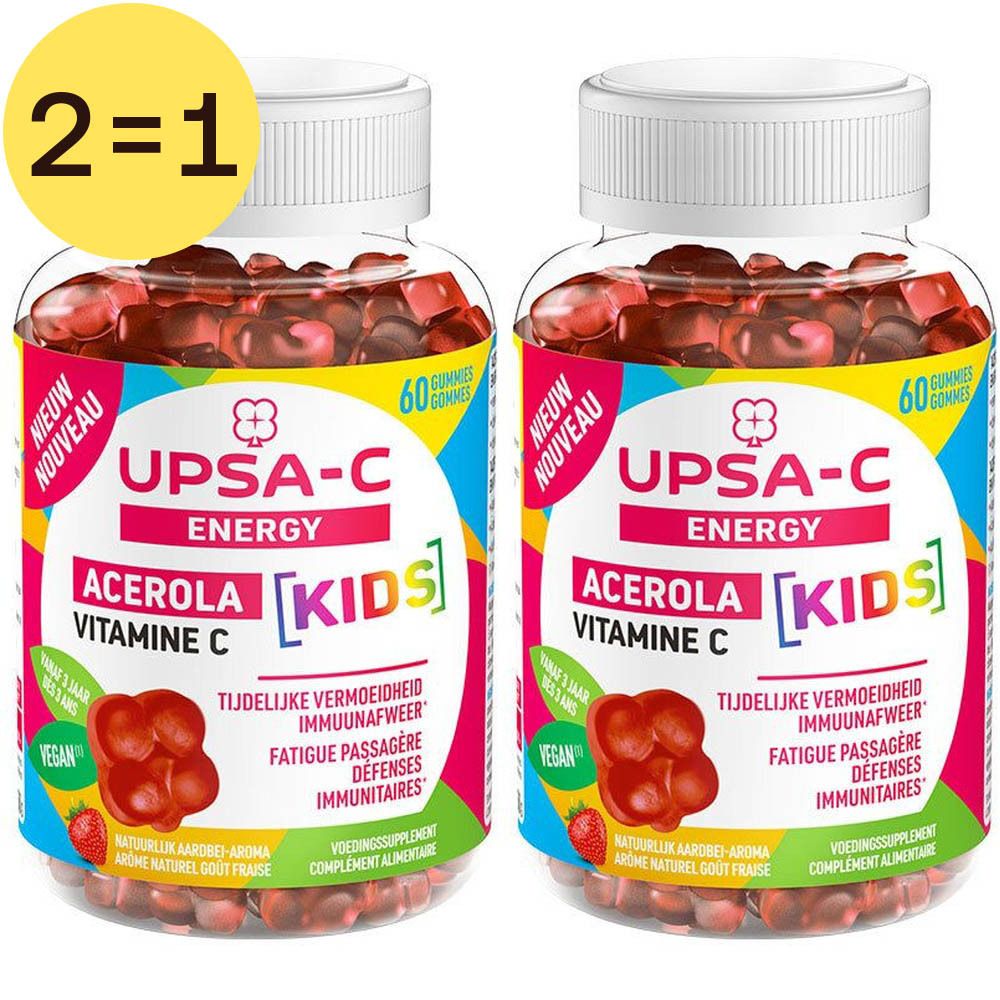Twee flessen UPSA-C Energy Acerola Kids. Opschrift: Acerola, vitamine C, Kids. 60 gummies. Vegan.