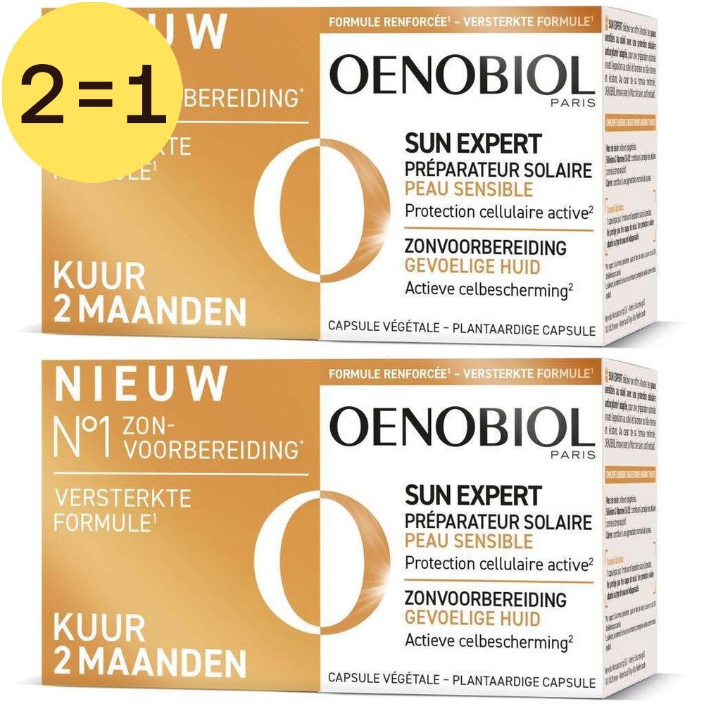 Deux boîtes Oenobiol Sun Expert. Inscription 2=1. Texte: Cure 2 mois. Formule renforcée.