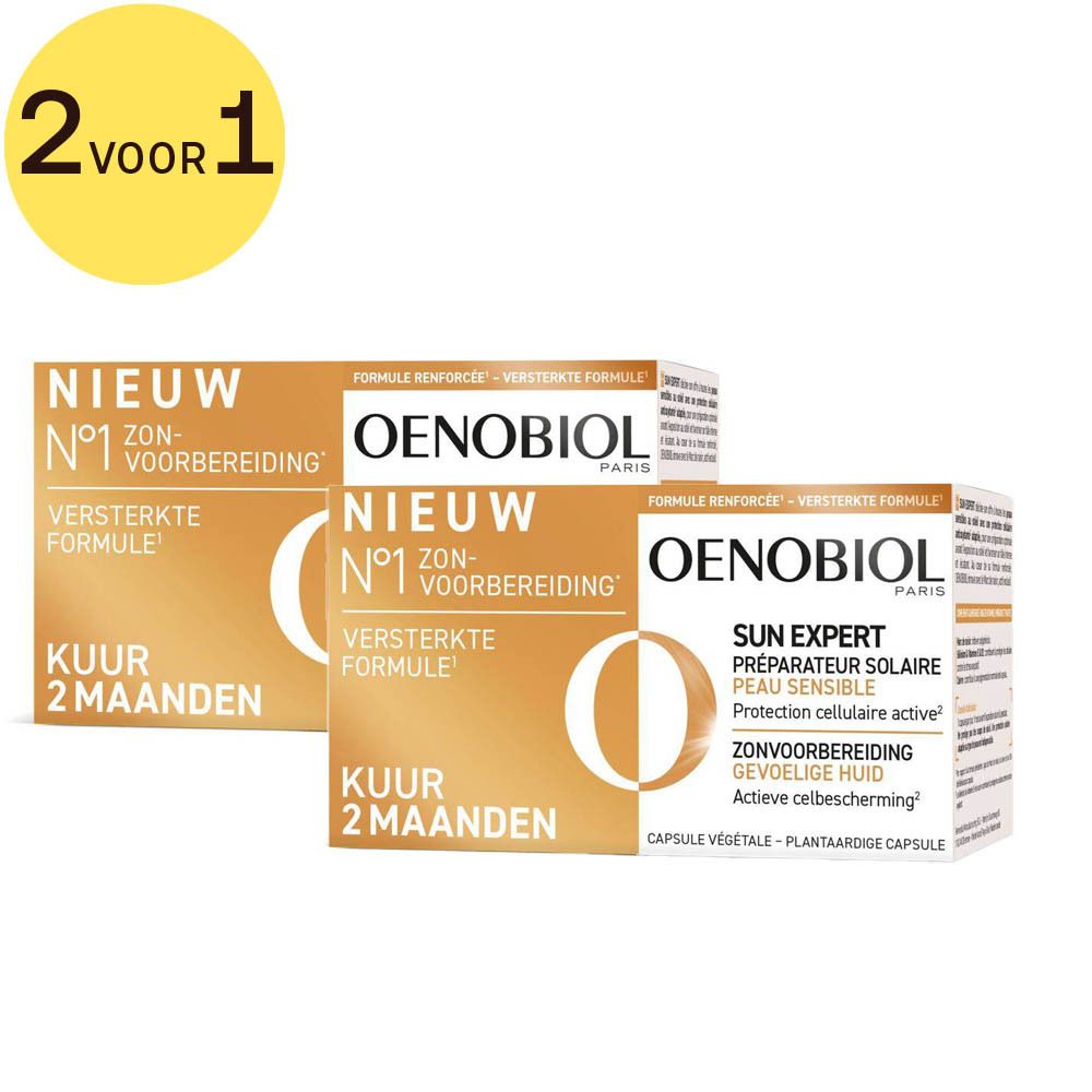 Twee dozen Oenobiol Sun Expert. Opschrift 2 voor 1. Tekst: Kuur 2 maanden. Formule renforcée.